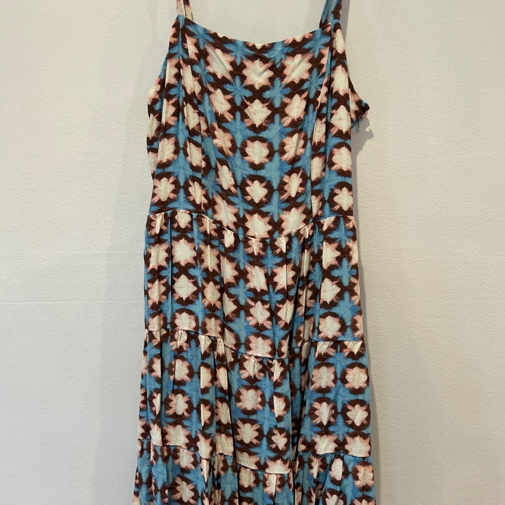 Source Unknown Blue and Brown Patterned Midi Dress